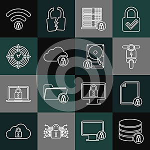 Set line Server security with lock, Document and, Electric scooter, Cloud computing, Time Management, Wifi locked and