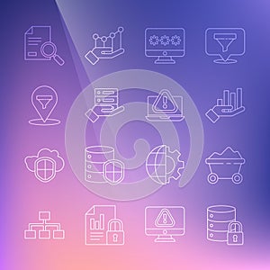 Set line Server security with lock, Pie chart infographic, Monitor password, Server, Data, Web Hosting, Location sales