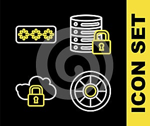 Set line Server security with lock, Safe, Cloud computing and Password protection icon. Vector