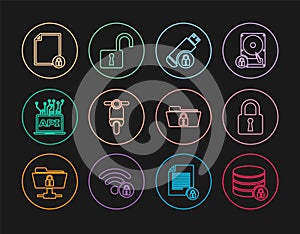 Set line Server security with lock, Lock, USB flash drive, Scooter, Computer api interface, Document and, Folder and