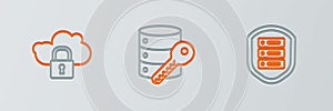 Set line Server with shield, Cloud computing lock and security key icon. Vector