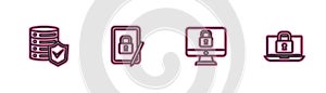 Set line Server with shield, Lock on computer monitor, Tablet closed padlock and Laptop and icon. Vector