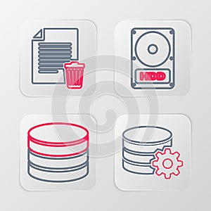 Set line Setting database server, Database, Hard disk drive HDD and Delete file document icon. Vector