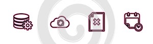 Set line Setting database server, Delete file document, Cloud sync refresh and Calendar and clock icon. Vector