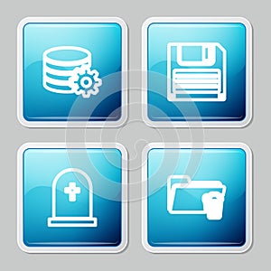 Set line Setting database server, Floppy disk, Tombstone with cross and Delete folder icon. Vector