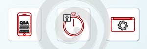 Set line Setting, Mobile Question and Exclamation and Stopwatch icon. Vector