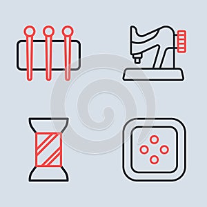 Set line Sewing machine, thread on spool, button for clothes and Needle sewing icon. Vector