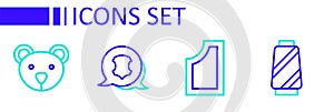 Set line Sewing thread on spool, pattern, Leather and Teddy bear plush toy icon. Vector