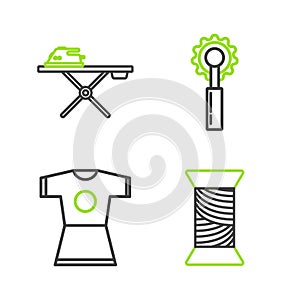 Set line Sewing thread on spool, Woman dress, Cutter tool and Electric iron and ironing board icon. Vector