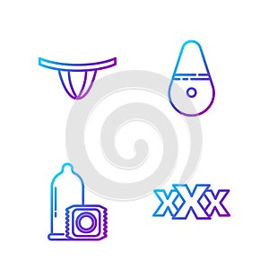 Set line Sex shop, Condom, Woman panties and Dildo vibrator. Gradient color icons. Vector photo