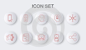 Set line Share, Car sharing, Head silhouette with cloud, Flight mode the mobile, file and icon. Vector