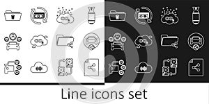 Set line Share file, Car sharing, CO2 emissions cloud, Delete folder, and Refund money icon. Vector