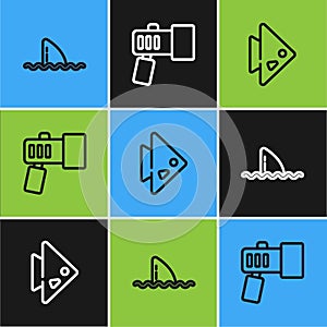 Set line Shark fin in ocean wave, Fish and Flashlight icon. Vector