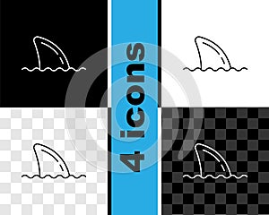 Set line Shark fin in ocean wave icon isolated on black and white, transparent background. Vector