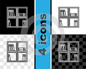 Set line Shelf with books icon isolated on black and white, transparent background. Shelves sign. Vector