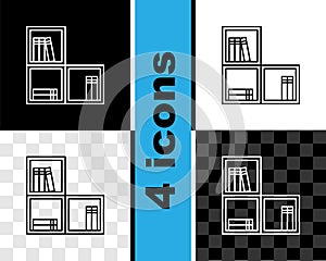 Set line Shelf with books icon isolated on black and white, transparent background. Shelves sign. Vector