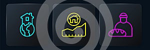 Set line Shelter for homeless, Feeding the and Rising cost of housing. Black square button. Vector