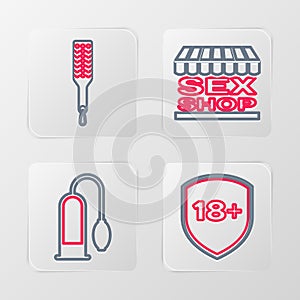 Set line Shield with 18 plus, Penis pump, Sex shop building and Spanking paddle icon. Vector