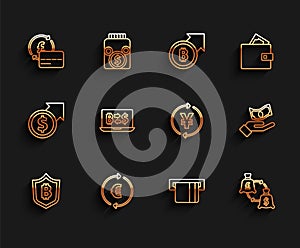 Set line Shield with bitcoin, Coin money euro symbol, Credit card, inserted, Currency exchange, Cryptocurrency, Hand