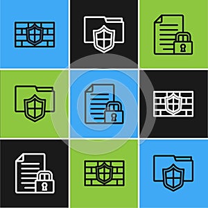 Set line Shield with brick wall, Document and lock and folder protection icon. Vector