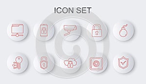 Set line Shield with check mark, Cryptocurrency key, Security camera, Safe, FTP folder, Mobile closed padlock, Lock and