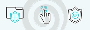 Set line Shield with check mark, Document folder protection and Fingerprint icon. Vector
