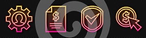 Set line Shield with check mark, Human with gear inside, Contract money and Cursor and coin. Glowing neon icon. Vector