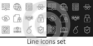 Set line Shield with check mark, Lock, Server, Data, Web Hosting, Document and lock, Cloud computing, Password
