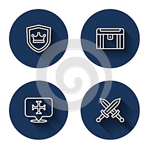 Set line Shield with crown, Antique treasure chest, Crusade and Crossed medieval sword with long shadow. Blue circle