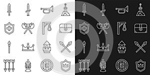 Set line Shield with crown, Crossed medieval spears, Antique treasure chest, Trumpet, axes, Medieval sword and Gallows