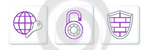 Set line Shield with cyber security brick wall, Globe key and Safe combination lock wheel icon. Vector