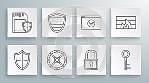 Set line Shield, with cyber security brick wall, Safe, Lock, Key, Secure your site HTTPS, SSL, Firewall, and SD card and