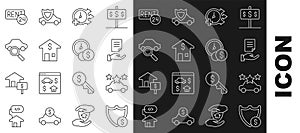 Set line Shield with dollar, Car sharing, House contract, Clock, Rent and Time is money icon. Vector