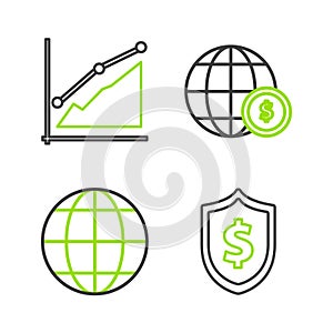 Set line Shield with dollar symbol, Earth globe, and Pie chart infographic icon. Vector