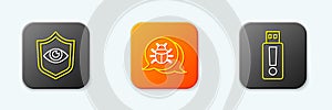 Set line Shield and eye, System bug and USB flash drive icon. Vector