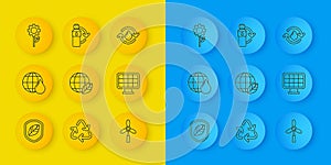 Set line Shield with leaf, Earth planet in water drop, globe and, Wind turbine, Solar energy panel, Leaf plant gear