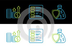 Set line Shield and money bag, Financial growth dollar and Business finance report icon. Vector