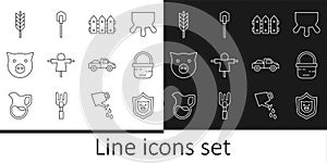 Set line Shield with pig, Basket, Garden fence wooden, Scarecrow, Pig, Wheat, Pickup truck and Shovel icon. Vector