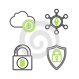 Set line Shield security with lock, Lock bitcoin, Blockchain technology Ethereum ETH and Cryptocurrency cloud mining