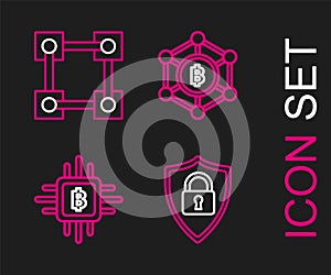 Set line Shield security with lock, CPU mining farm, Blockchain technology Bitcoin and icon. Vector