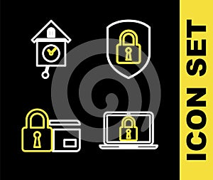 Set line Shield security with lock, Laptop and, Credit card and Retro wall watch icon. Vector