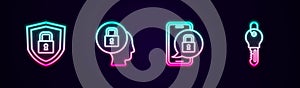 Set line Shield security with lock, Lock, Mobile closed padlock and Key. Glowing neon icon. Vector