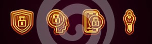 Set line Shield security with lock, Lock, Mobile closed padlock and Key. Glowing neon icon. Vector
