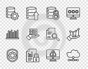 Set line Shield with settings gear, Network cloud connection, Server security lock, Document and, Server, Data, Web