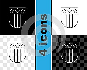 Set line Shield with stars and stripes icon isolated on black and white, transparent background. United States of
