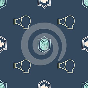 Set line Shield voice recognition, Face and Fingerprint in shield on seamless pattern. Vector