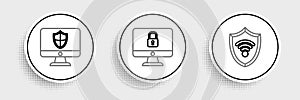 Set line Shield with WiFi wireless internet network, Computer monitor and shield and Lock computer screen icon. Vector