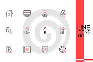 Set line Shield with world globe, check mark, Safe, Fingerprint, door lock, Key, Lock and icon. Vector