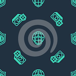 Set line Shield with world globe, Money shield and dollar on seamless pattern. Vector