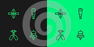 Set line Ship bell, Crossed oars or paddles boat, Kayak and and Spyglass telescope lens icon. Vector